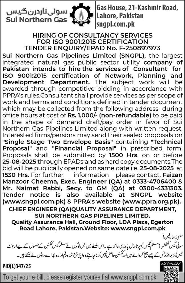 Sui Northern Gas Lahore Tender Notice